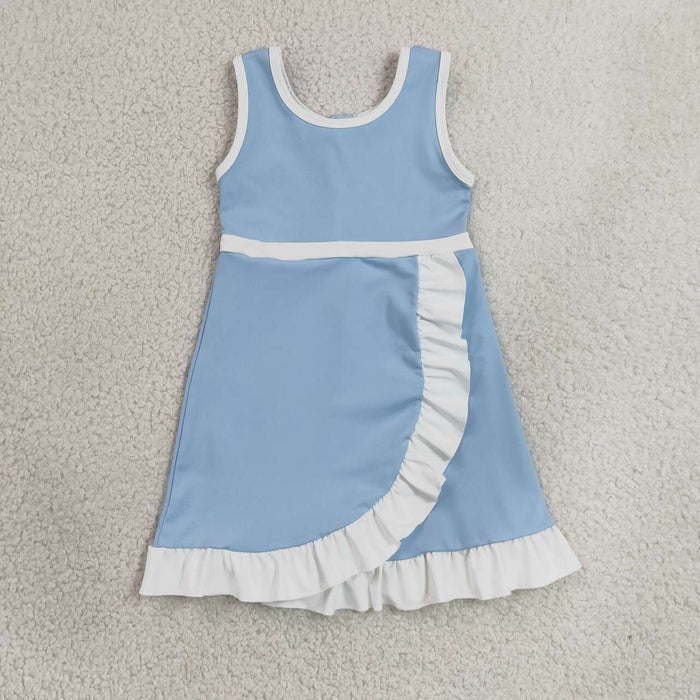 GSD4124 Blue & White Girls Sleeveless Ruffle Yoga Zipper Dress