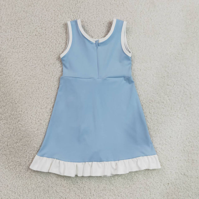 GSD4124 Blue & White Girls Sleeveless Ruffle Yoga Zipper Dress