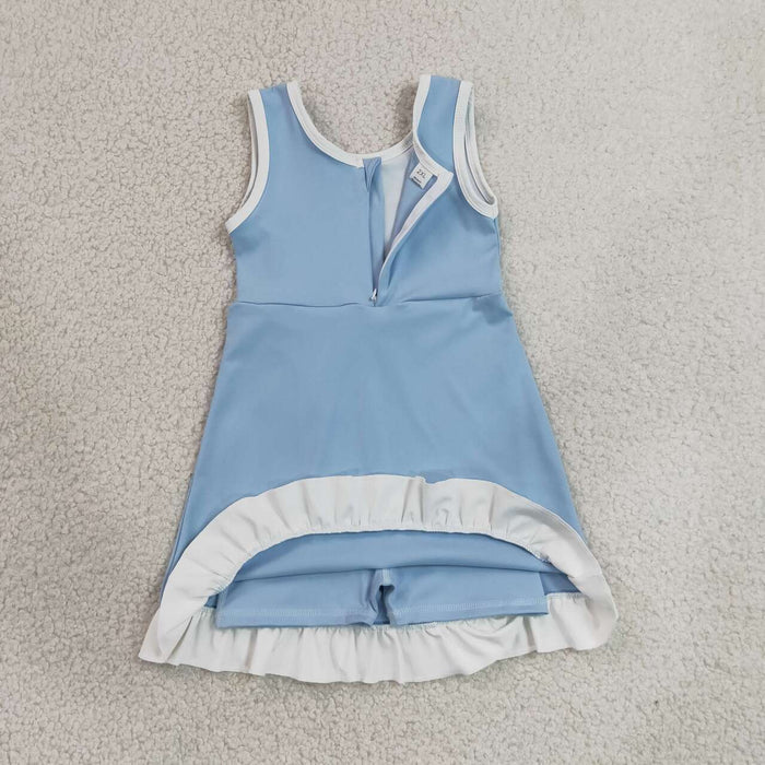 GSD4124 Blue & White Girls Sleeveless Ruffle Yoga Zipper Dress
