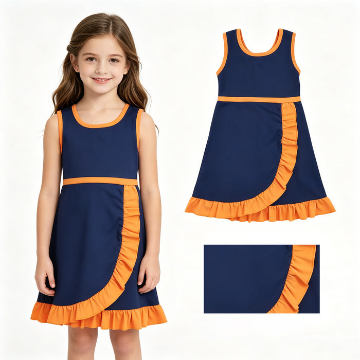 GSD4131 Navy & Orange Girls Sleeveless Ruffle Yoga Zipper Dress