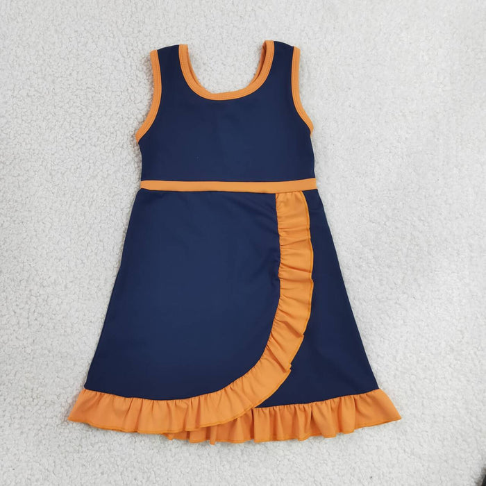 GSD4131 Navy & Orange Girls Sleeveless Ruffle Yoga Zipper Dress