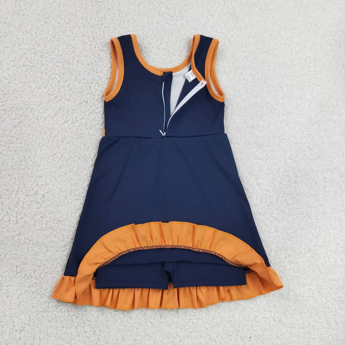 GSD4131 Navy & Orange Girls Sleeveless Ruffle Yoga Zipper Dress
