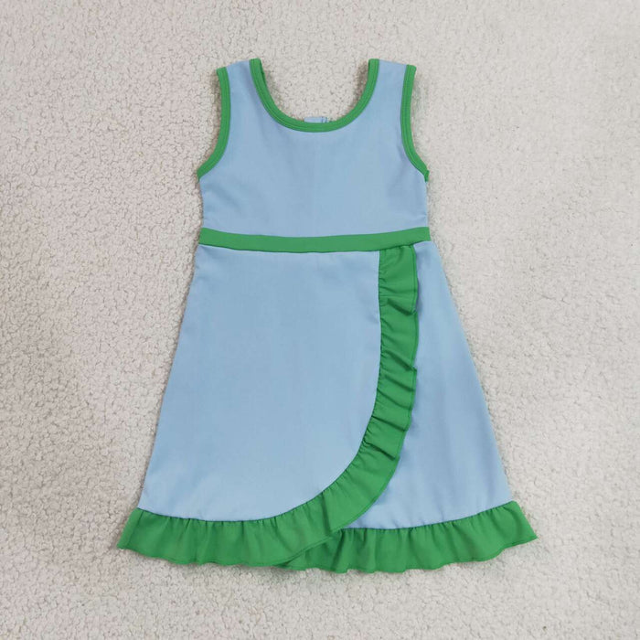 GSD4136 Blue & Green Girls Sleeveless Ruffle Yoga Zipper Dress