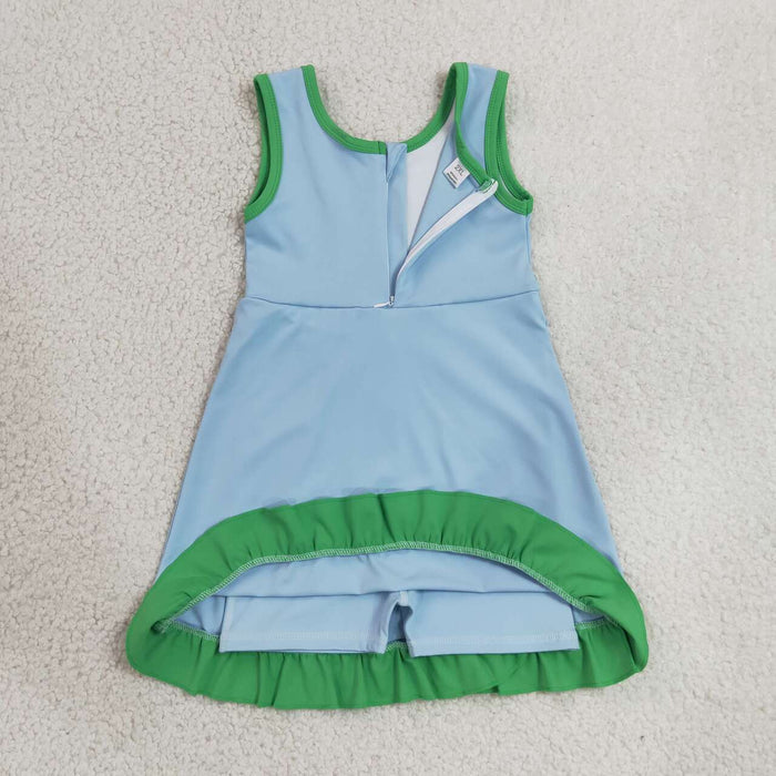 GSD4136 Blue & Green Girls Sleeveless Ruffle Yoga Zipper Dress