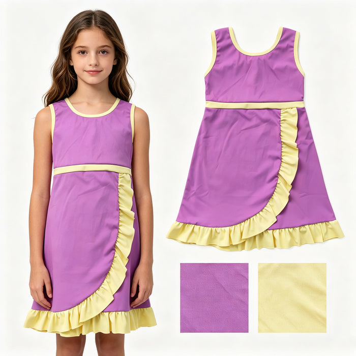 GSD4147 Purple & Yellow Girls Sleeveless Ruffle Yoga Zipper Dress