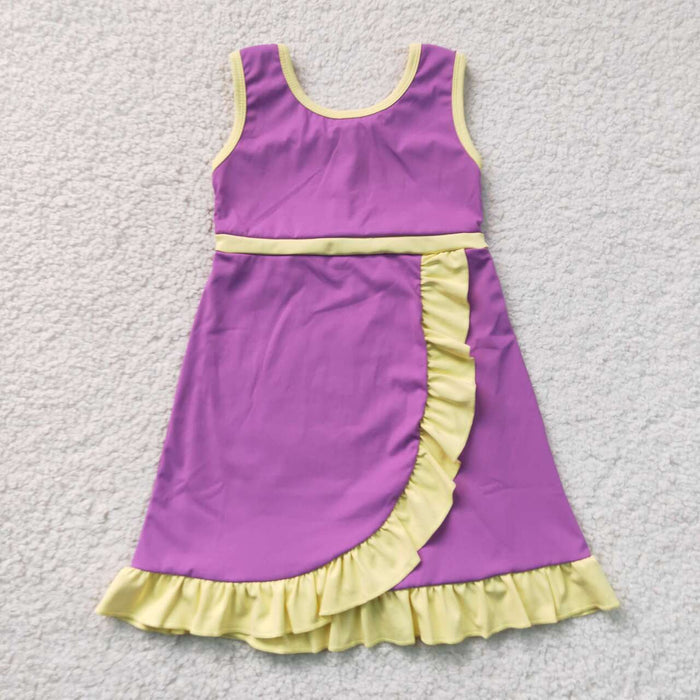 GSD4147 Purple & Yellow Girls Sleeveless Ruffle Yoga Zipper Dress