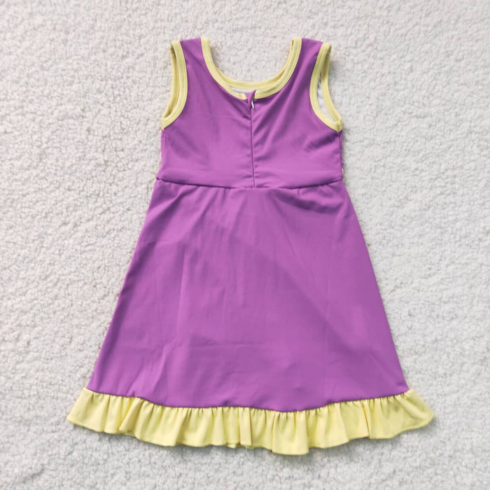 GSD4147 Purple & Yellow Girls Sleeveless Ruffle Yoga Zipper Dress