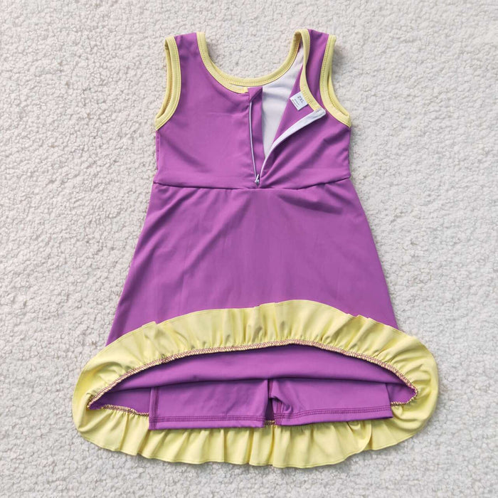 GSD4147 Purple & Yellow Girls Sleeveless Ruffle Yoga Zipper Dress