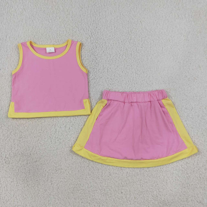 GSD4187 Pink Yellow Crop Top Skort Baby Girls Summer Cotton Sport Clothes Set