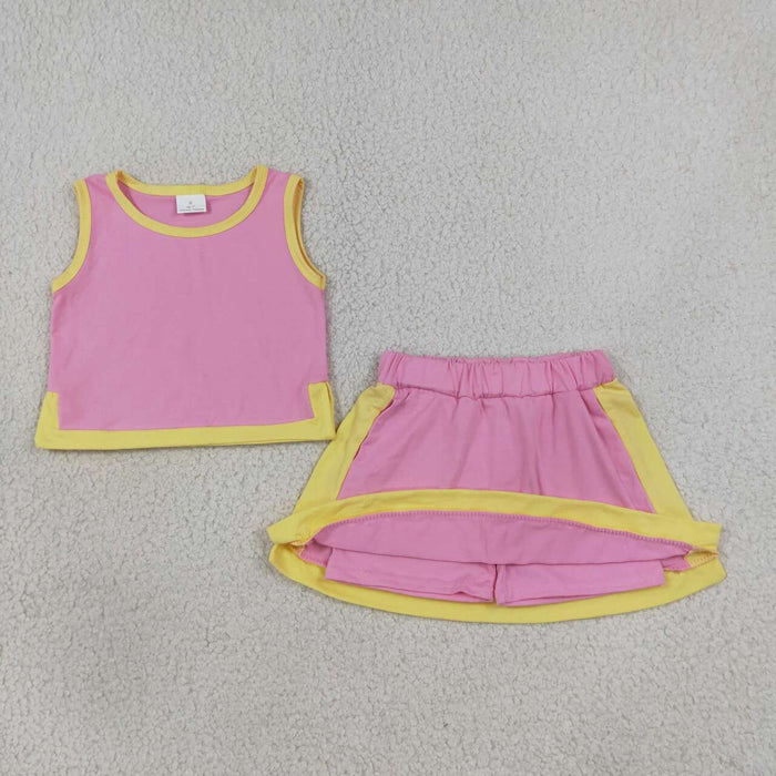 GSD4187 Pink Yellow Crop Top Skort Baby Girls Summer Cotton Sport Clothes Set