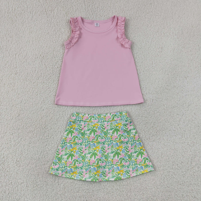 GSD4217 Pink Sleeveless Top Floral House Active Skort Girls Summer Clothes Set