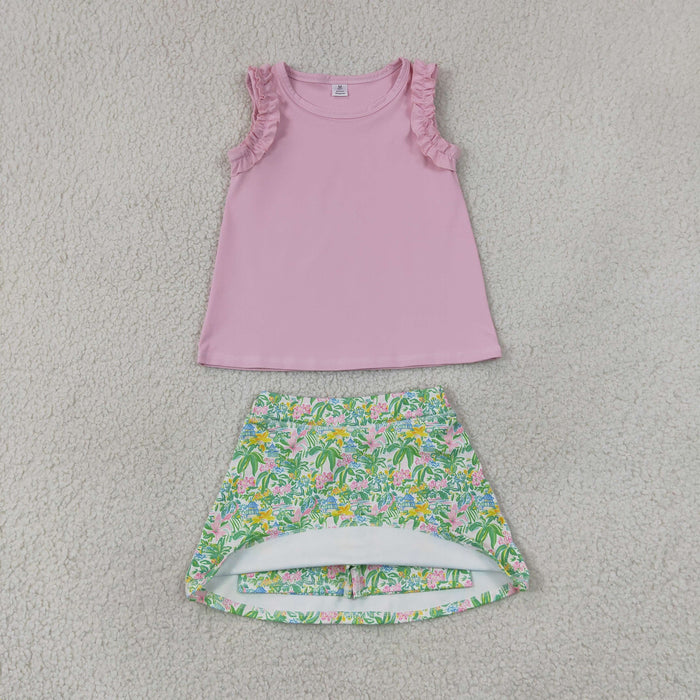 GSD4217 Pink Sleeveless Top Floral House Active Skort Girls Summer Clothes Set
