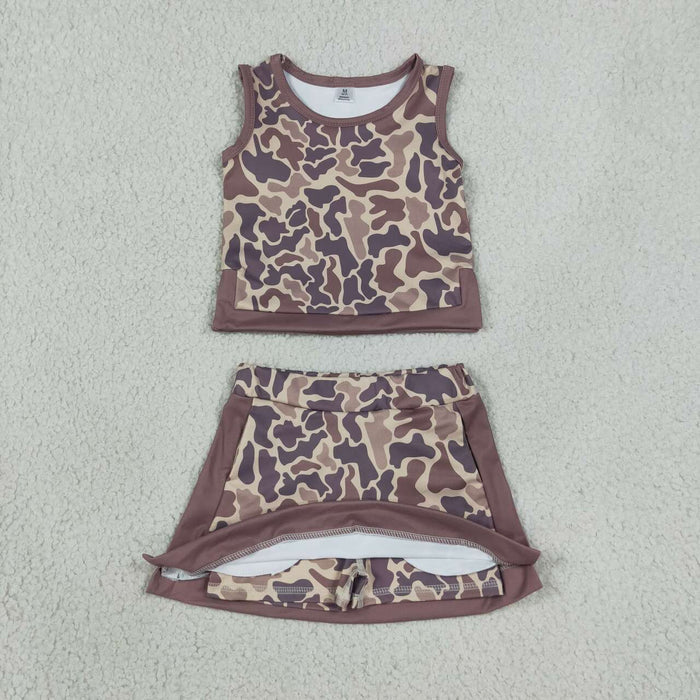 GSD4231 Brown Camo Tank Top Skort Girls Yoga Clothes Set