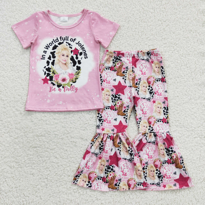 GSPO0719  Singer Doll* Pink Top Flowers Boots Bell Pants Girls Clothes Set