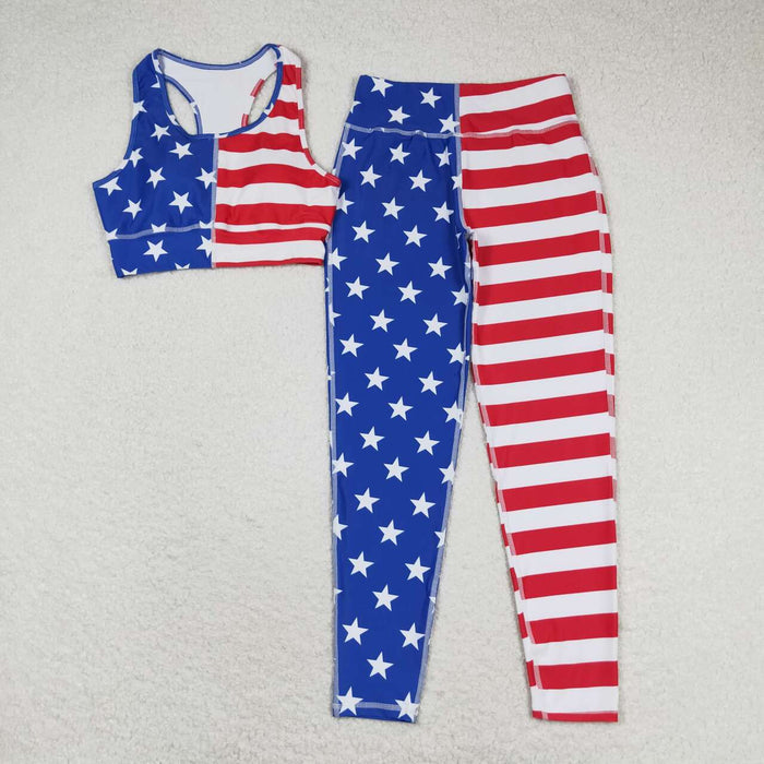 GSPO1486 Stars Stripes Print Woman 4th of July Yoga Clothes Set