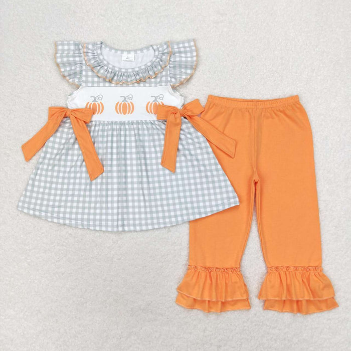 GSPO1533 Pumpkin Checkered Tunic Top Orange Ruffle Pants Girls Fall Clothes Set