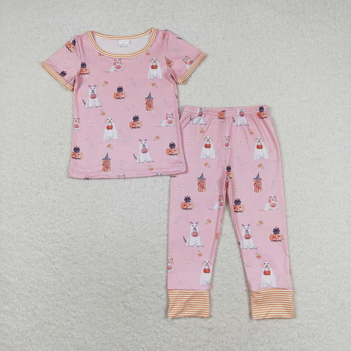 GSPO1538 Dog Pumpkin Pink Print Girls Halloween Pajamas Clothes Set