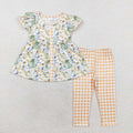 GSPO1554 Pumpkin Tunic Top Checkered Pants Girls Fall Clothes Set