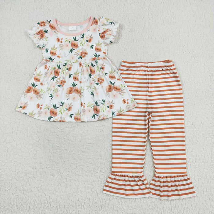 GSPO1570 Flowers Tunic Top Stripes Pants Girls Clothes Set