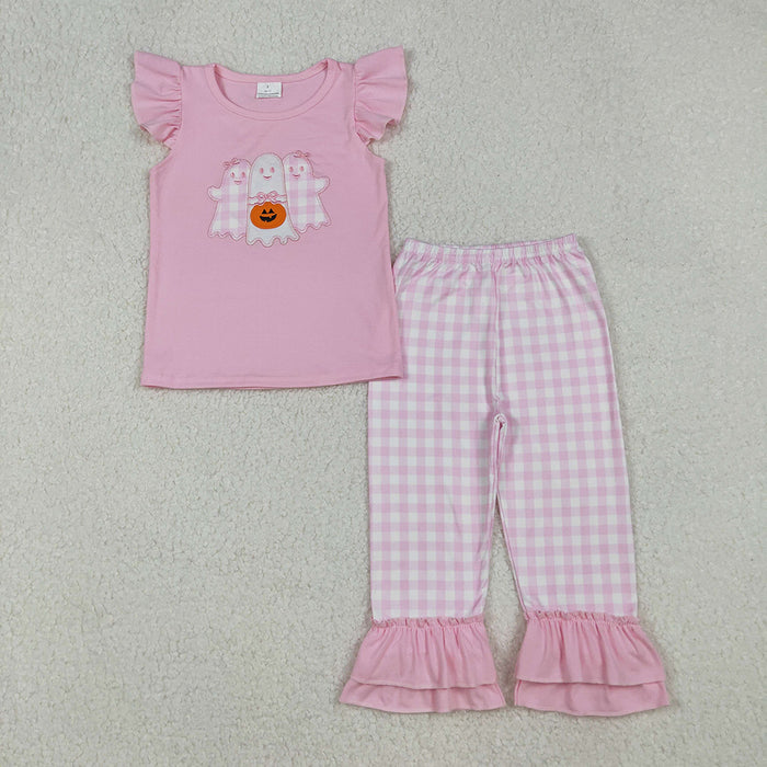 GSPO2058 Pumpkin Ghost Embroidery Pink Top Checkered Pants Girls Halloween Clothes Set