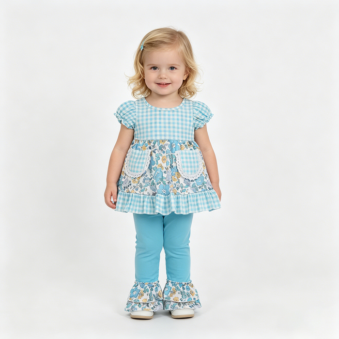 GSPO2282 Blue Floral Plaid Pockets Tunic Top Ruffle Pants Baby Girls Outfits