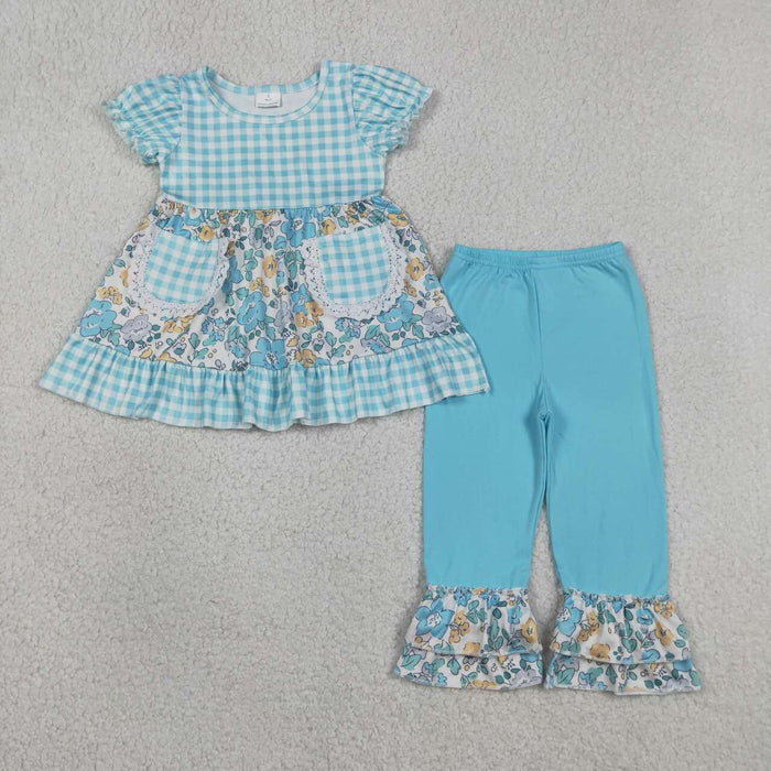 GSPO2282 Blue Floral Plaid Pockets Tunic Top Ruffle Pants Baby Girls Outfits
