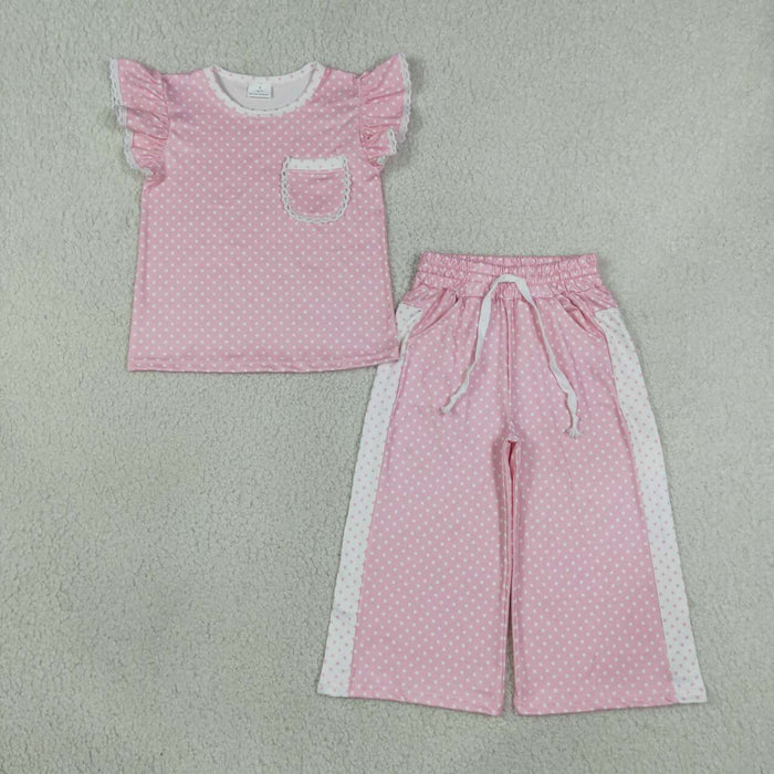 GSPO2330 Pink Dots Flutter Sleeve Top Straight Pockets Pants Girls Clothes Set
