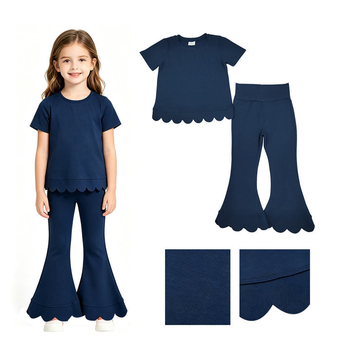 GSPO2343 Navy Cotton Scallop Edge Short Sleeve Bell Pants Girls Clothes Set