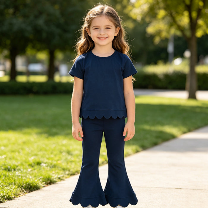 GSPO2343 Navy Cotton Scallop Edge Short Sleeve Bell Pants Girls Clothes Set