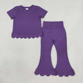 GSPO2346 Purple Cotton Scallop Edge Short Sleeve Bell Pants Girls Clothes Set