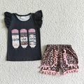 GSSO0117 Pen Black Top Pom-pom Leopard Shorts Girls Back to School Clothes Set