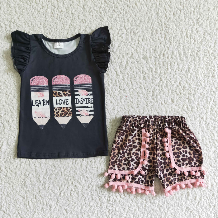 GSSO0117 Pen Black Top Pom-pom Leopard Shorts Girls Back to School Clothes Set
