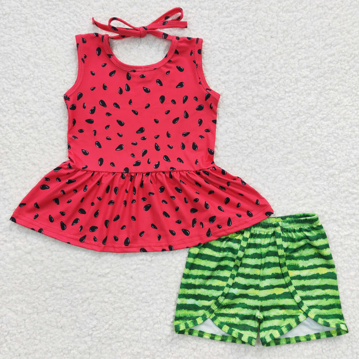 GSSO0192 Watermelon Print Red Top Green Shorts Baby Girls Summer Outfits