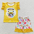 GSSO0284 School Bus Yellow Top Pen Apple Stars Shorts Girls Back to School Clothes Set