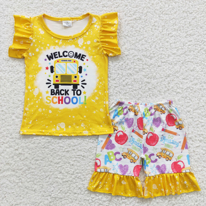 GSSO0284 School Bus Yellow Top Pen Apple Stars Shorts Girls Back to School Clothes Set