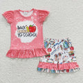 GSSO0355 Pen Apple Pink Top Ruffle Shorts Girls Back to School Clothes Set