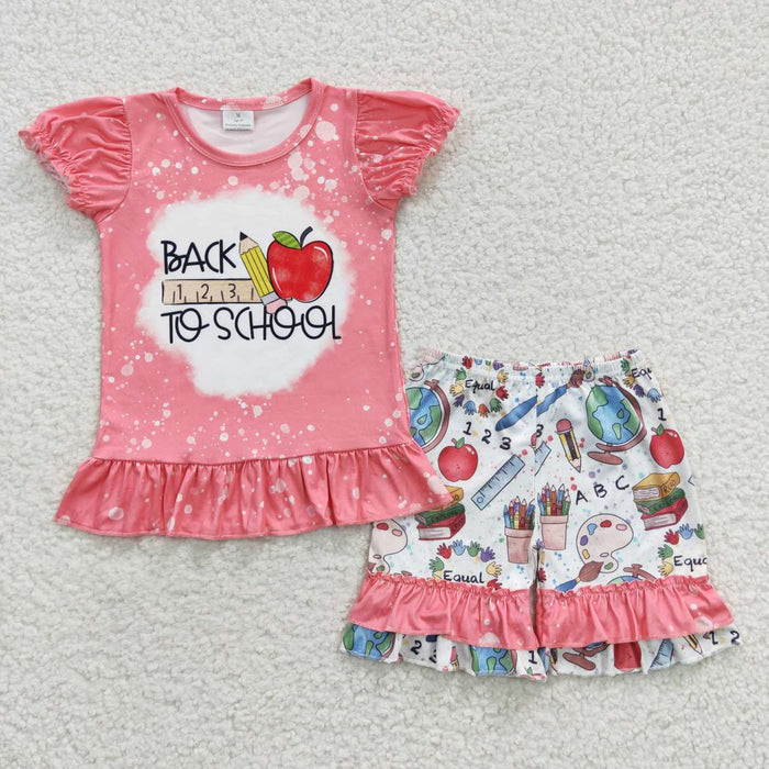GSSO0355 Pen Apple Pink Top Ruffle Shorts Girls Back to School Clothes Set