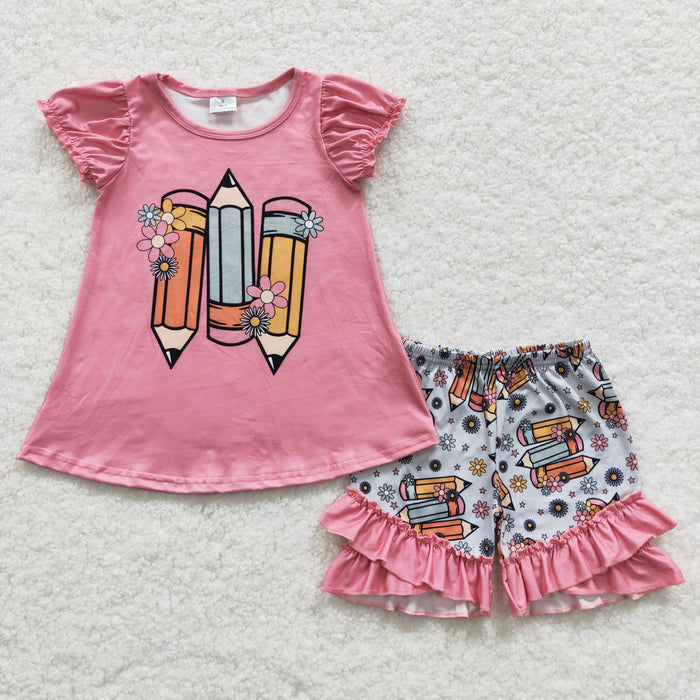 GSSO0356 Pen Flowers Pink Top Ruffle Shorts Girls Back to School Clothes Set
