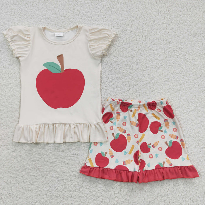 GSSO0359 Apple Top Pen Flowers Shorts Girls Back to School Clothes Set
