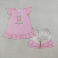 GSSO0374 Bunny Embroidery Pink Top Plaid Shorts Girls Easter Clothes Set