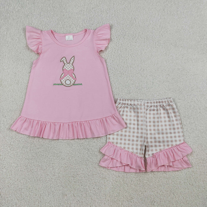 GSSO0374 Bunny Embroidery Pink Top Plaid Shorts Girls Easter Clothes Set