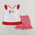 GSSO0455 Crayfish Embroidery Stripes Top Plaid Shorts Girls Summer Clothes Set