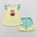 GSSO0483  Puppy Watermelon Embroidery Top Plaid Ruffle Shorts Girls Summer Clothes Set