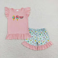 GSSO0509  Watermelon Embroidery Pink Top Ruffle Shorts Girls Summer Clothes Set