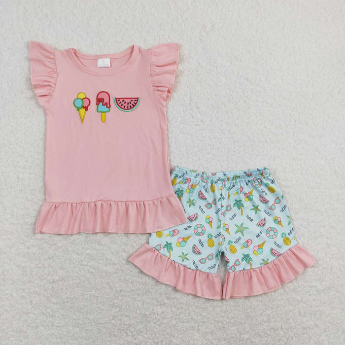 GSSO0509  Watermelon Embroidery Pink Top Ruffle Shorts Girls Summer Clothes Set