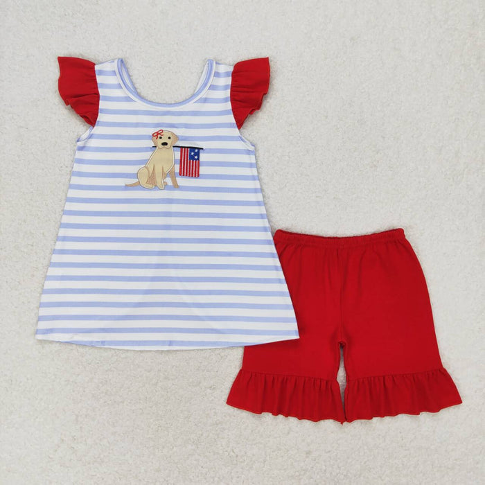 GSSO0663 Dog Flag Embroidery Stripes Backless Top Red Shorts Girls 4th of July Outfits