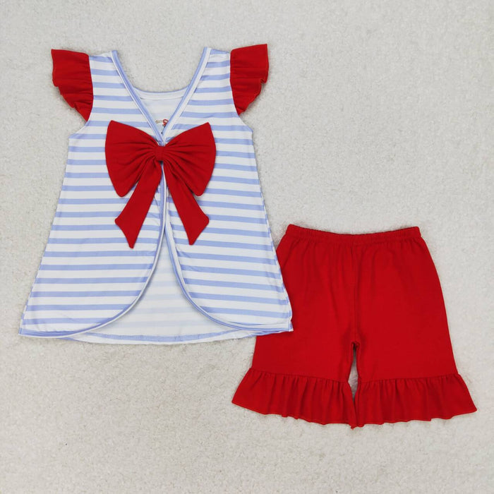 GSSO0663 Dog Flag Embroidery Stripes Backless Top Red Shorts Girls 4th of July Outfits
