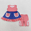 GSSO0855 Stars Stripes Pockets Tunic Top Ruffle Shorts Baby Girls 4th Of July Outfits