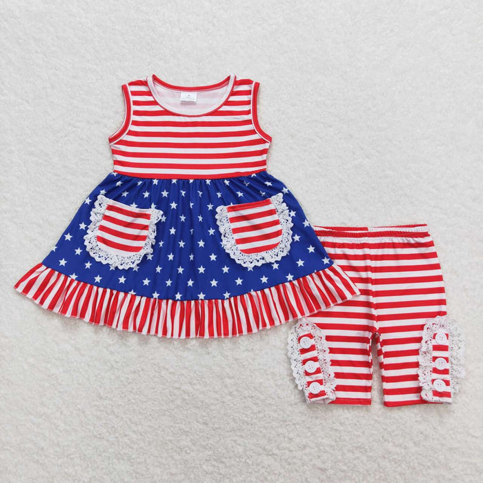 GSSO0855 Stars Stripes Pockets Tunic Top Ruffle Shorts Baby Girls 4th Of July Outfits