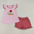 GSSO2069 Apple Pen Book Embroidery Pink Top Plaid Shorts Girls Back to School Clothes Set